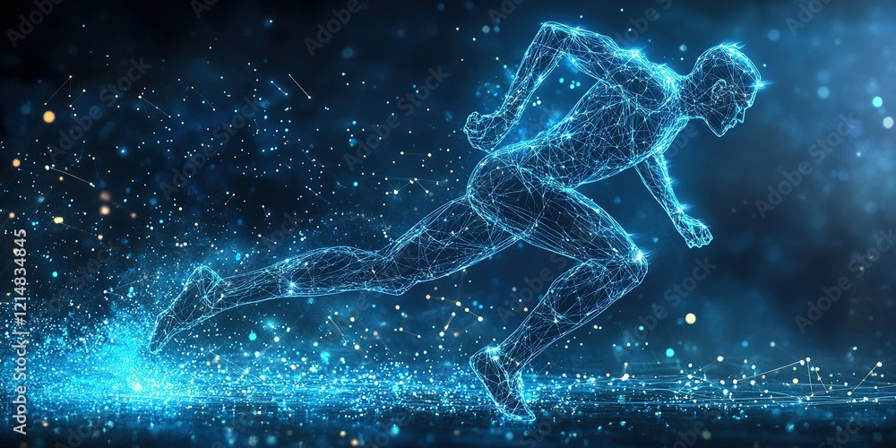 Poster dynamic display of a runner in a digital environment emphasizing speed and motion at night