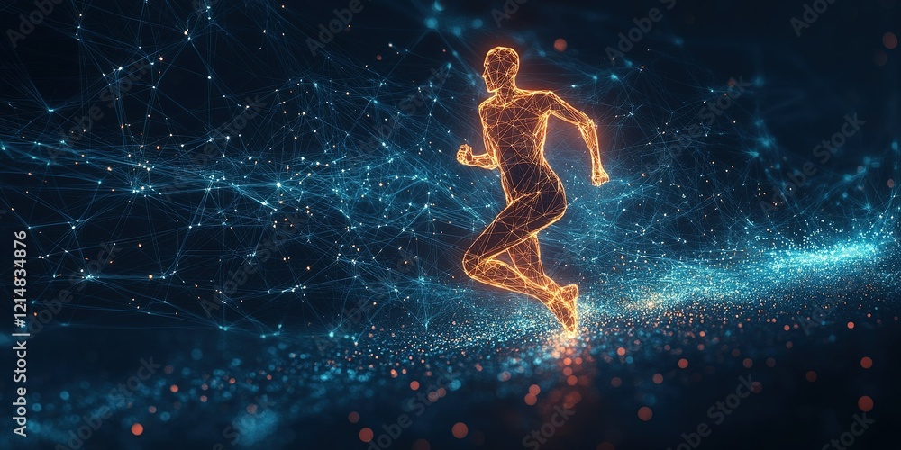 Poster dynamic human figure running through a digital world filled with glowing particles and interconnecte