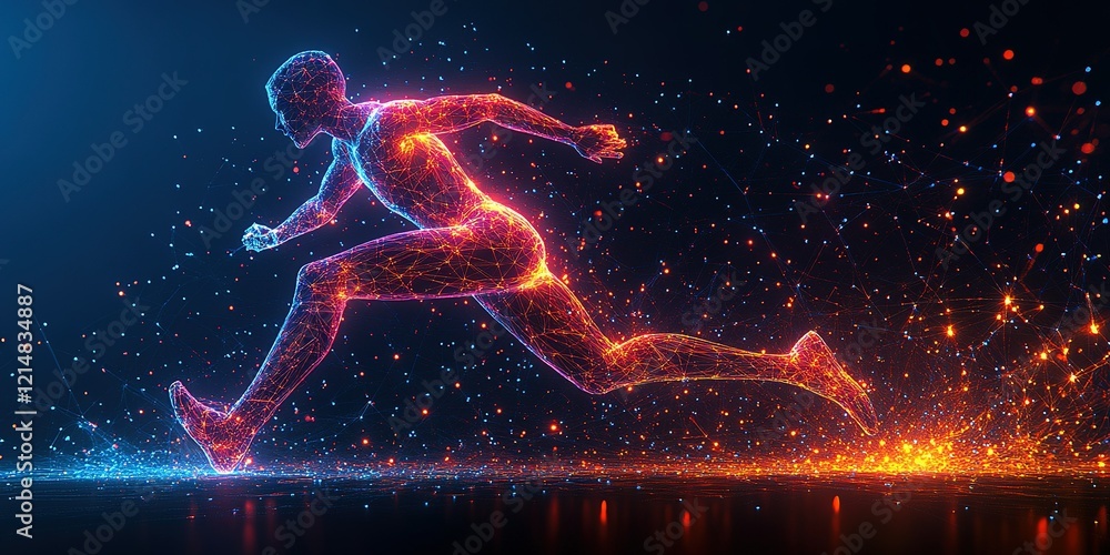 Poster digital representation of a runner in motion showcasing energy and dynamism in a high-tech environme