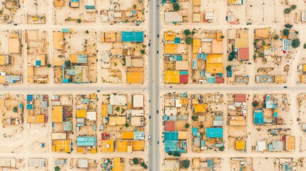 Fototapeta premium An aerial view of a vibrant neighborhood showcasing colorful rooftops and intricate street patterns amidst the sandy landscape.