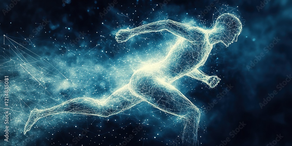 Poster digital representation of a running figure symbolizing speed and movement among particles in a cosmi