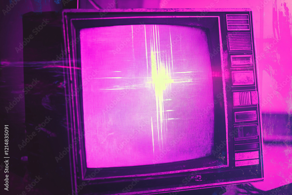 Aufkleber 80s retro wave style background displayed on vintage computer screen. vhs noise and glitch effects. 