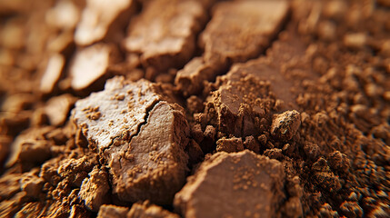 Close-up of crumbled dry soil reveals texture and cracks, highlighting details.