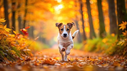 A jack russell puppy running in autumn leaves on a forest alley with fallen trees and colorful foliage around it , movement