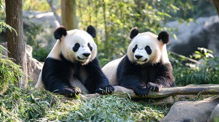 Obraz premium Two Playful Pandas in a Lush Bamboo Forest