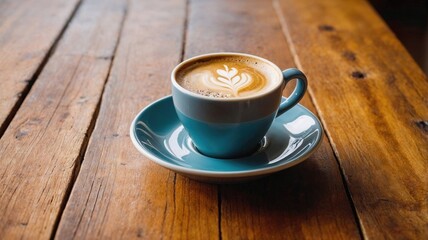 A cozy cup of latte with delicate art foam served in a blue ceramic cup on a rustic wooden table, creating a perfect warm coffee moment in natural light