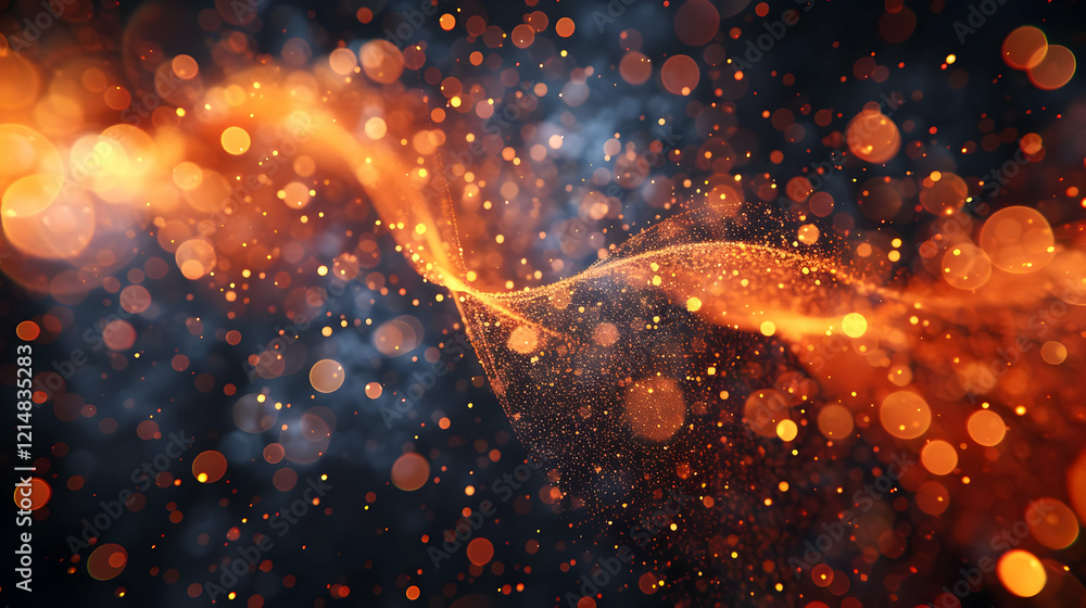 Poster abstract orange particles flowing gracefully with bokeh effect on a dark background