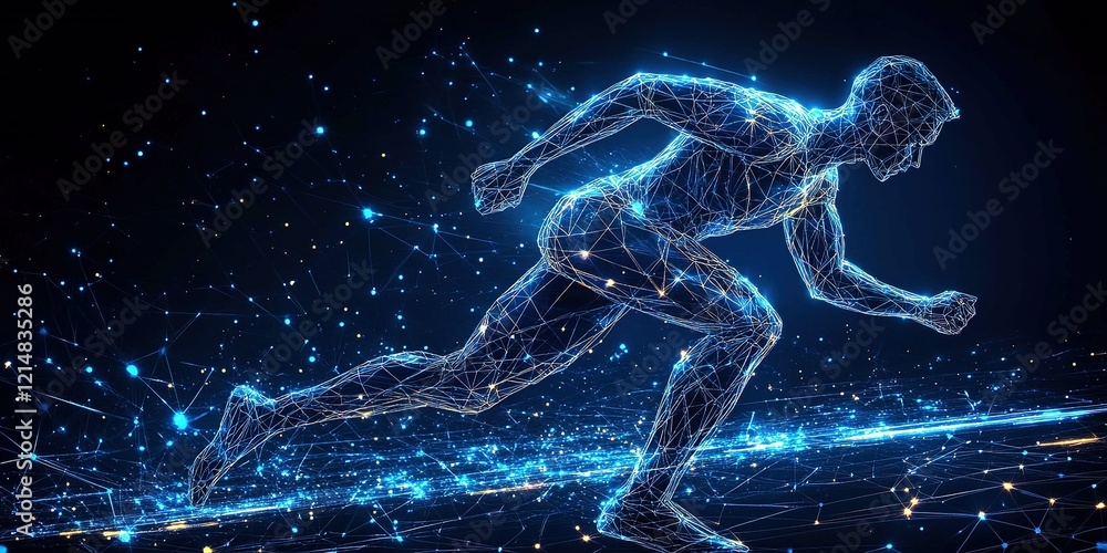 Poster dynamic portrayal of a futuristic runner sprinting through a digital landscape with glowing lines an