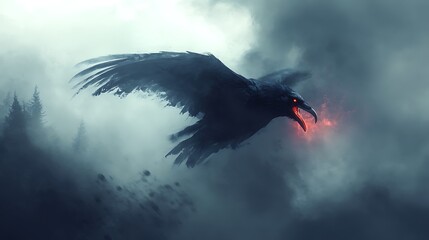 Fototapeta premium A horrifying crow demon flying through dark mist with its beak glowing red