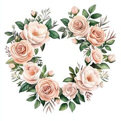 An elegant wreath made of soft pink and white roses, adorned with delicate greenery, perfect for adding a touch of charm to any space.