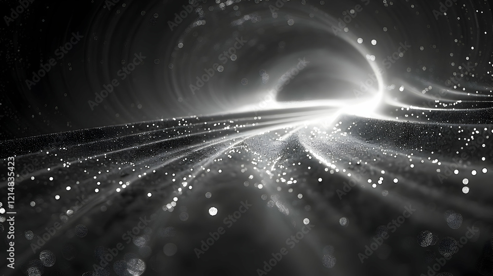 Poster abstract black and white background flows smoothly with particles and bokeh effect