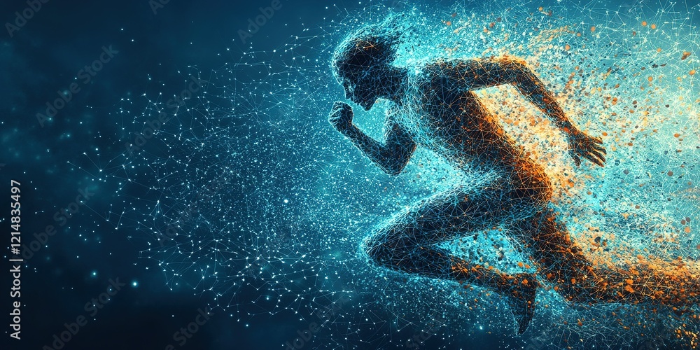 Poster digital representation of a human figure running amidst a web of glowing particles
