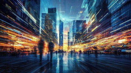 Stock market quotes reflected in city glass architecture.