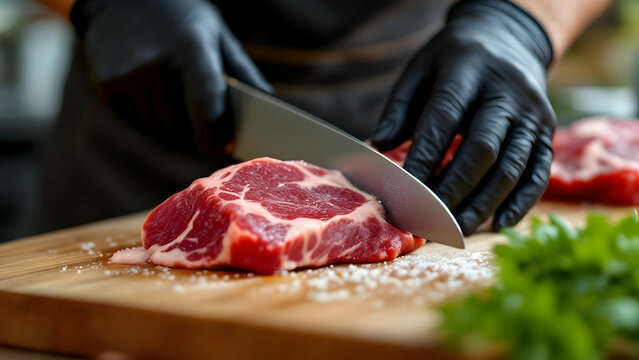 Butcher slicing raw meat on wooden cutting board, ideal for culinary branding
