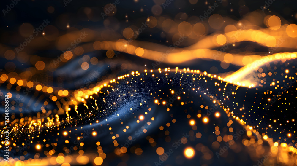 Poster abstract background with golden particles flowing smoothly and elegantly on dark backdrop.
