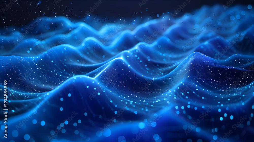 Aufkleber abstract 3d blue wavy landscape with glowing particles flows dynamically and smoothly in digital spa
