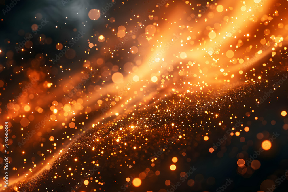 Poster abstract background shines with golden orange particles and bokeh effects elegantly