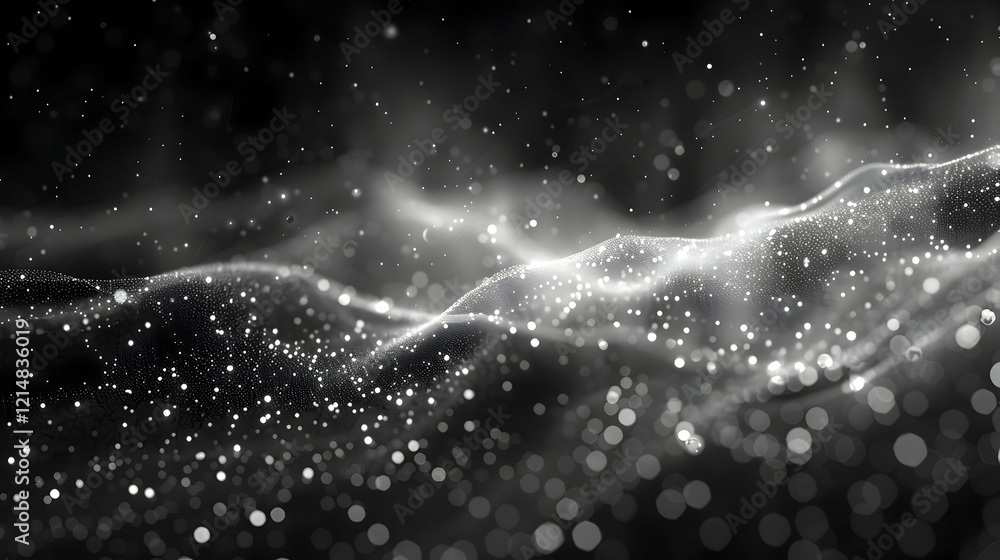 Poster abstract silver particles flowing smoothly on a dark background creates a stunning visual effect.