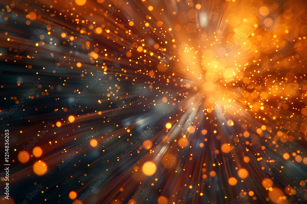 Poster abstract background with golden light rays and particles radiating outward dynamically