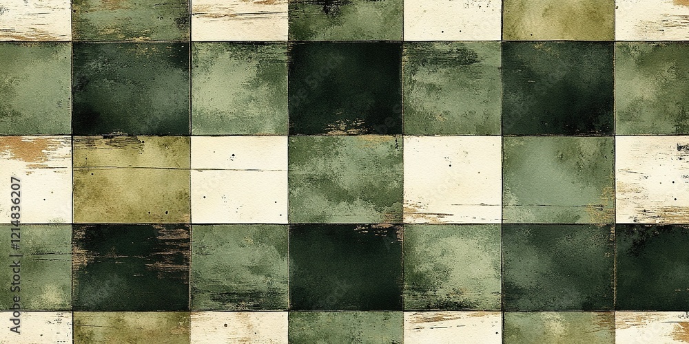 Poster artistic texture of a worn green and beige checkerboard pattern on a surface