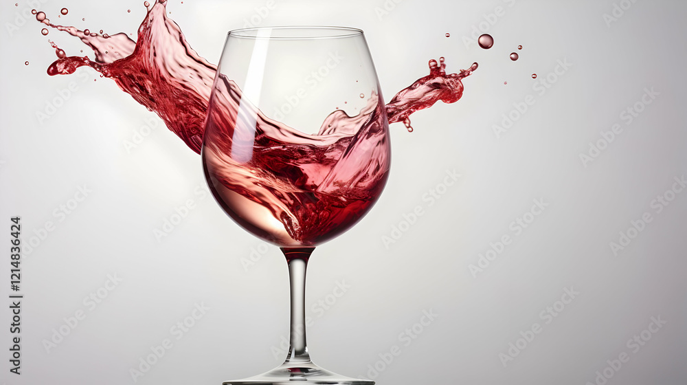 Poster red wine splashes dynamically in a clear glass against a soft gray backdrop