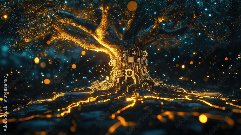 Poster a majestic tree with intricate roots intertwining with metallic gears and glowing circuits, symboliz