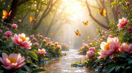 Ethereal Garden Stream with Blooming Flowers and Butterflies at Sunrise