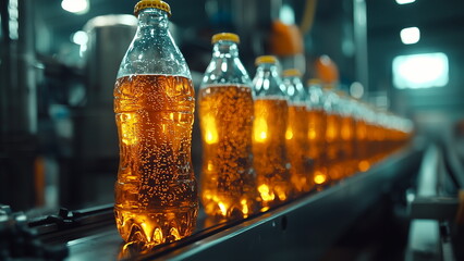 Carbonated soft drink production line in a factory, transparent plastic bottle filled with dark colour soft drink moving in the conveyor belt from process to process