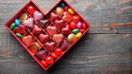 Colorful box of lots of little red shiny sweets, heart shaped candies, love hearts chocolates