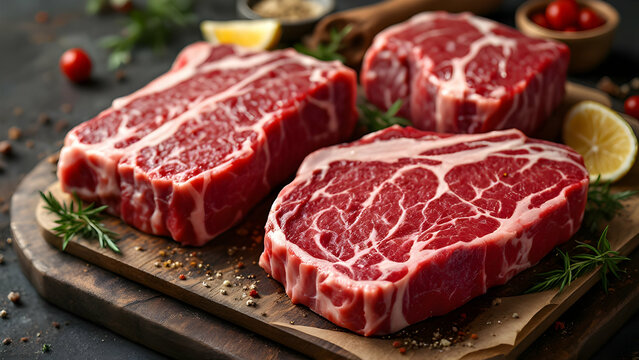 Raw prime beef cuts, enhanced with seasonings, ideal for culinary or steakhouse visuals