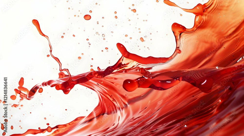 Poster red liquid splashes dynamically across a white background with droplets