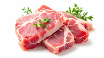 Raw pork pieces on a white background, ideal for food packaging or butcher visuals