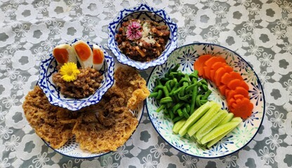 Vibrant Vegetable Dip with Chilli Paste and Fresh Sides