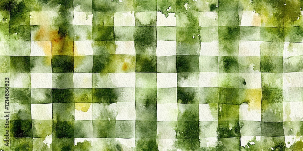 Poster abstract watercolor pattern featuring green and yellow checkered design with a textured appearance