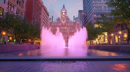Obraz premium Majestic Cascading Waterfall Fountain Illuminated with Changing Colors in Historic Public Square with Old City Hall Background, Cinematic Ultra-Detailed Image