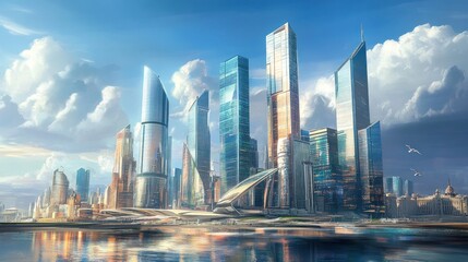 Futuristic Cityscape with Skyscrapers and Reflections