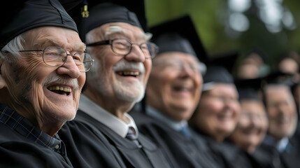Fototapeta premium Happy Elderly Graduates Smile in Their Caps and Gowns at Graduation Ceremony