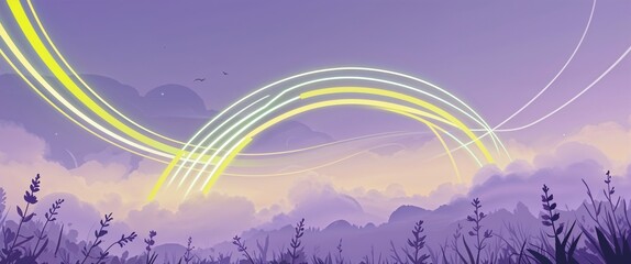 Green and yellow light trails curving through a light fog of soft lavender hazy sky illustration background design