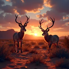 Spectacular Sunset Desert Landscape with Vibrant Colors and Wildlife Close-up