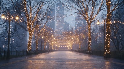 Enchanting Winter Night in an Urban Park with Twinkling Fairy Lights and Silhouetted Skyscrapers in the Distance - Cinematic Image