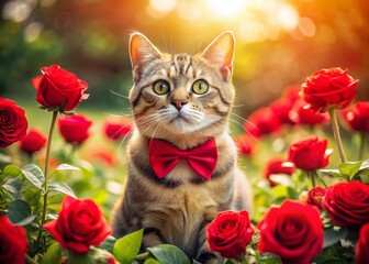 Cute Valentine's Day Cat with Red Bow and Roses