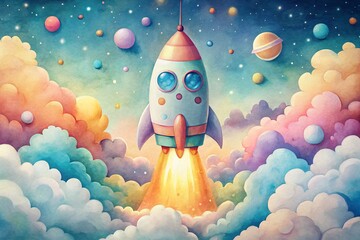 Cute Watercolor Rocket Ship: Adorable Space Startup Illustration