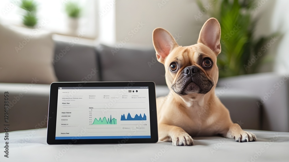Poster digital tablet displaying health analytics of happy canine companion at home