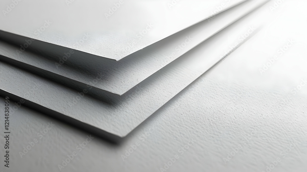 Poster stack of blank white paper sheets creates abstract geometric shapes with smooth edges in soft light.