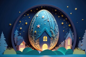 Colorful abstract paper cut easter egg(s) illustration with dreamy fantasy landscape and pastel colors decoration, seasonal holiday, culture and religion theme concept texture design.
