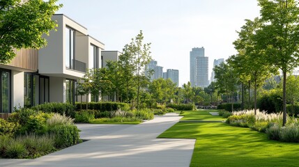 Modern residential buildings lined with trees and greenery in an urban setting, showcasing a blend of nature and architecture in harmony.