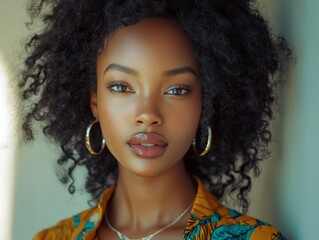 Beauty black skin woman African Ethnic female face. Young african american model with long afro hair. Luxury model