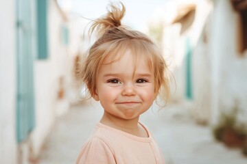 Adorable baby girl smiles happily at camera. Cute toddler with blond hair in casual setting. Outdoor portrait of one year old child. Candid image shows happy, curious child. Summer vacation time in