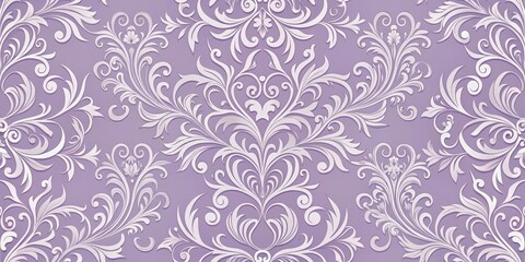 Lavender floral damask pattern with intricate swirling shapes and delicate curved lines on a soft pastel purple background, soft hues , curves
