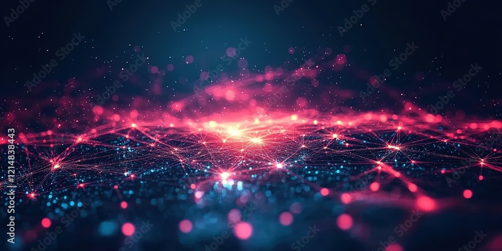 Poster digital network design featuring interconnected nodes and glowing lines in vibrant colors